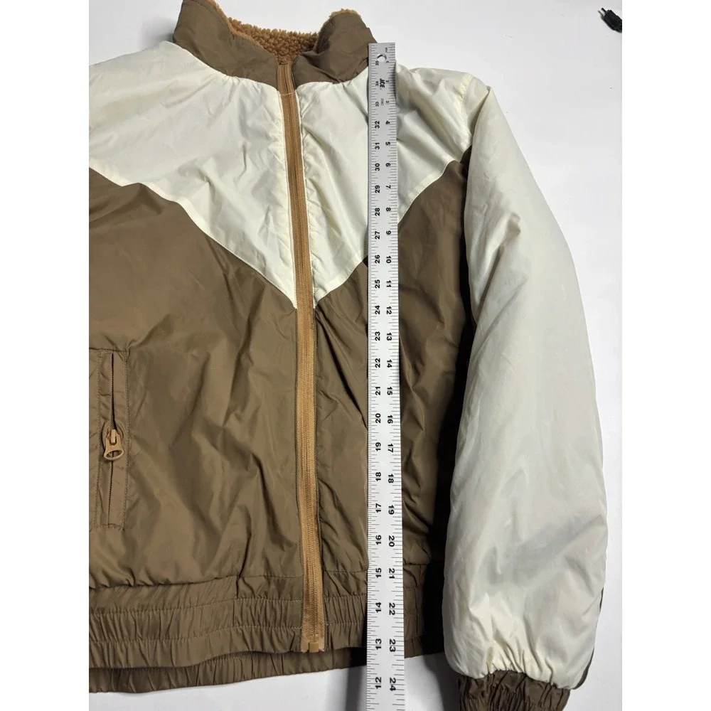 Zyia Reversible Sherpa Fleece Windbreaker Bomber Jacket Tan Cream Zip Up Women L